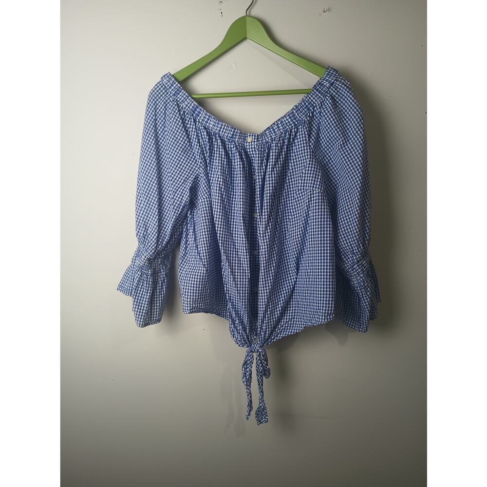 Lucky Brand Blue White Plaid Off Shoulder Top Women's 2X Bell sleeve Beach